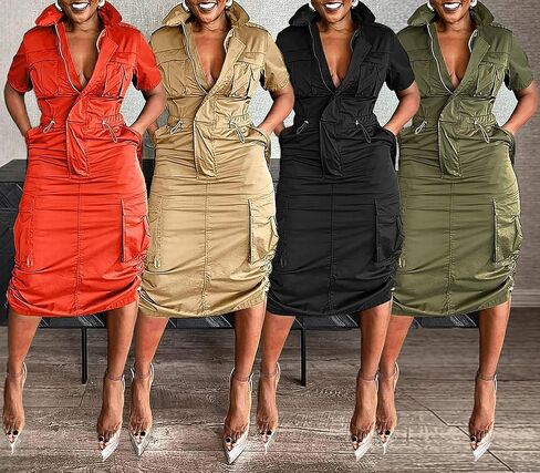 LAJIOJIO Women's Casual Cargo Dresses,V Neck Short Sleeve Drawstring Long Dress with Pockets in Kuwait