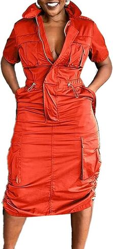LAJIOJIO Women's Casual Cargo Dresses,V Neck Short Sleeve Drawstring Long Dress with Pockets in Kuwait