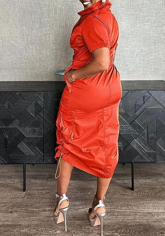 LAJIOJIO Women's Casual Cargo Dresses,V Neck Short Sleeve Drawstring Long Dress with Pockets in Kuwait