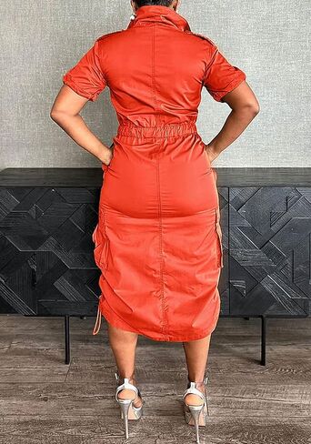 LAJIOJIO Women's Casual Cargo Dresses,V Neck Short Sleeve Drawstring Long Dress with Pockets in Kuwait