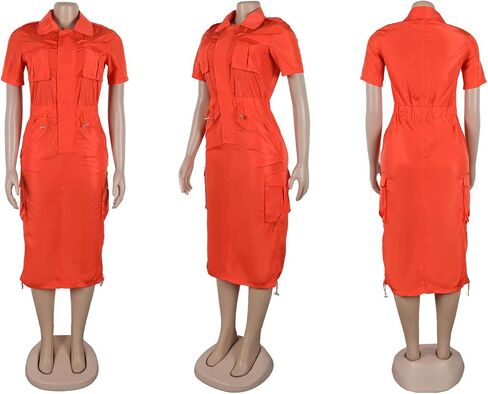 LAJIOJIO Women's Casual Cargo Dresses,V Neck Short Sleeve Drawstring Long Dress with Pockets in Kuwait