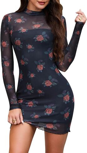ABMOIU Sexy Print Long Sleeve Mini Dress for Women Bodycon Mock Neck 2 Piece Party Club Dresses in Kuwait