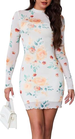 ABMOIU Sexy Print Long Sleeve Mini Dress for Women Bodycon Mock Neck 2 Piece Party Club Dresses in Kuwait