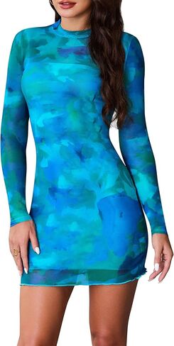 abmoiu مثير طباعة فستان صغير الأكمام الطويلة للنساء bodycon وهمية الرقبة 2 قطعة للحفلات نادي الفساتين in Kuwait