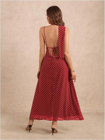 نقاط البولكا النسائية ربطة عنف فستان عميق ضد الرقبة السباغيتي حزام ماكسي مع وشاح in Kuwait