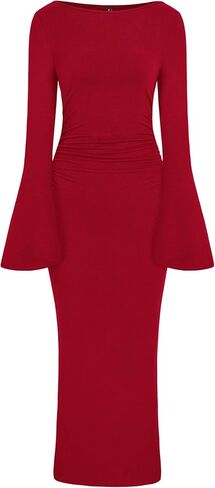 PRETTYGARDEN Women's Bodycon Maxi Dress Fall Fashion 2025 Long Bell Sleeve Ruched Fitted Elegant Cocktail Party Slit Dresses in Saudi Arabia