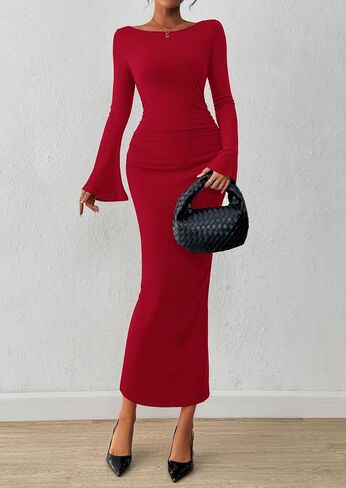 PRETTYGARDEN Women's Bodycon Maxi Dress Fall Fashion 2025 Long Bell Sleeve Ruched Fitted Elegant Cocktail Party Slit Dresses in Saudi Arabia
