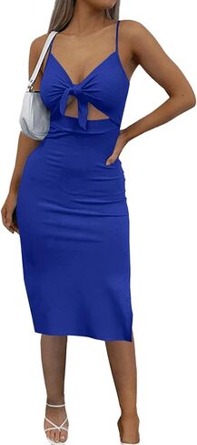 KIFOVEN Women's Tie Knot Cut Out Split Spaghetti Strap Sleeveless Knit Bodycon Midi Dress in Saudi Arabia