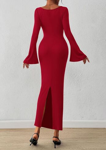 PRETTYGARDEN Women's Bodycon Maxi Dress Fall Fashion 2025 Long Bell Sleeve Ruched Fitted Elegant Cocktail Party Slit Dresses in Saudi Arabia