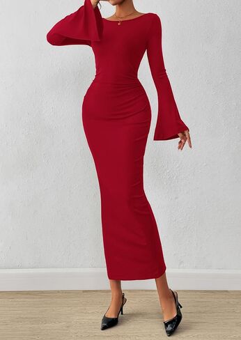 PRETTYGARDEN Women's Bodycon Maxi Dress Fall Fashion 2025 Long Bell Sleeve Ruched Fitted Elegant Cocktail Party Slit Dresses in Saudi Arabia