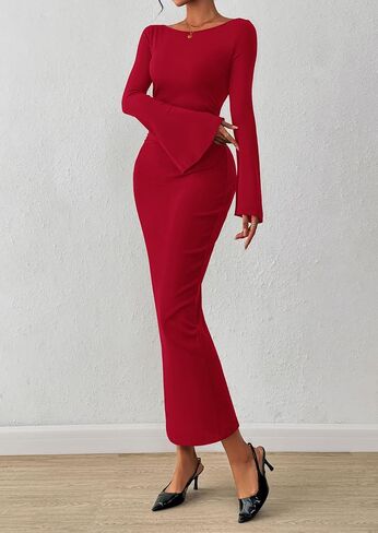 PRETTYGARDEN Women's Bodycon Maxi Dress Fall Fashion 2025 Long Bell Sleeve Ruched Fitted Elegant Cocktail Party Slit Dresses in Saudi Arabia