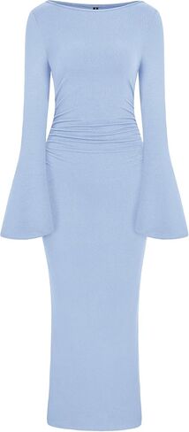 Prettygarden النسائية Bodycon Maxi Dress Fall Fashion 2025 Long Bell Sleeve Ruched Fitged Cocktail Party Slit Dresses in Kuwait