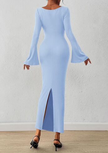 Prettygarden النسائية Bodycon Maxi Dress Fall Fashion 2025 Long Bell Sleeve Ruched Fitged Cocktail Party Slit Dresses in Kuwait