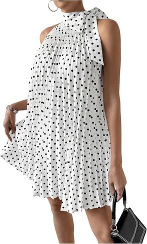 MakeMechic Women's Polka Dots Halter Dress Tie Tie Sideveless A Line Flare Mini Dresses in Saudi Arabia
