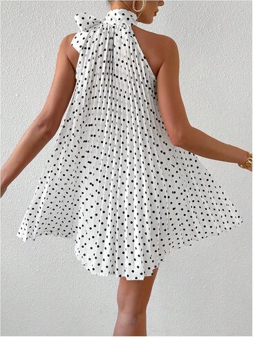 MakeMechic Women's Polka Dots Halter Dress Tie Tie Sideveless A Line Flare Mini Dresses in Saudi Arabia