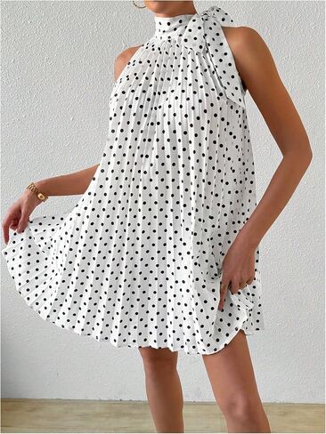 MakeMechic Women's Polka Dots Halter Dress Tie Tie Sideveless A Line Flare Mini Dresses in Saudi Arabia