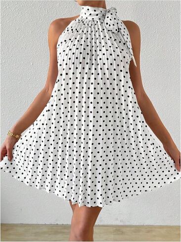 MakeMechic Women's Polka Dots Halter Dress Tie Tie Sideveless A Line Flare Mini Dresses in Saudi Arabia