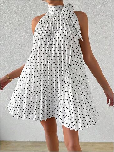 MakeMechic Women's Polka Dots Halter Dress Tie Tie Sideveless A Line Flare Mini Dresses in Saudi Arabia