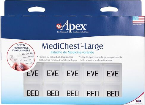 Apex Medi Chest منظم حبوب منع الحمل كبير - منظم الطب مع سبعة حاويات حبوب منع الحمل قابلة للإزالة - منظم حبوب منع الحمل أسبوعي مع صباح اليوم ، وظهر ، ومساء ، وصناديق حبوب منع الحمل - منظم دواء السفر للحبوب. in Saudi Arabia