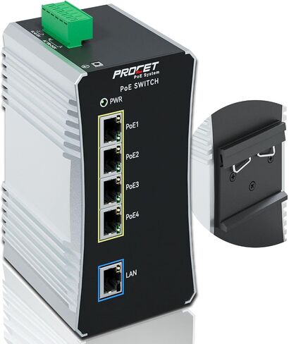 Procet Gigabit PoE Switch 4-Port Din Rail، 90W / Port، محول إيثرنت POE ++ صناعي مع درجة حرارة واسعة -40 درجة فهرنهايت إلى 149 درجة فهرنهايت، دفعة، مدخل تيار مستمر 12-57 فولت، IEEE802.3af/802.3at/802.3bt، PT- PIS4PB1T-E in Saudi Arabia