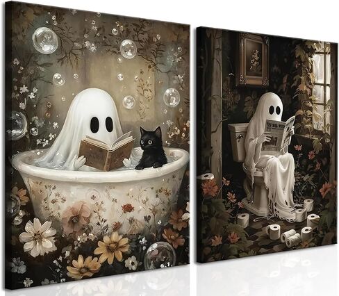 Halloween Ghost Bathroom Wall Art Set of 3, Funny Gothic Wall Decor Dark Academia Decor Pictures, Horror Ghost and Black Cat in Bathroom Poster Canvas Prints 12x16 inch Framed in Kuwait