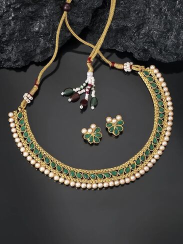 Aheli Ethnic Faux Kundan Pearl Fancy Bridal Choker Necklace Indian Traditional Bollywood Jewelry Set with Earrings Gift for Women in Saudi Arabia