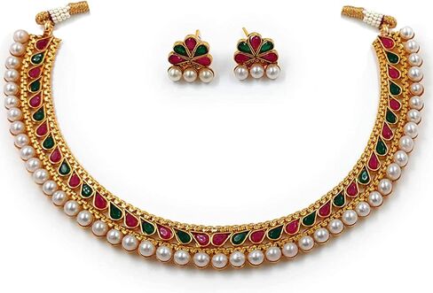 Aheli Ethnic Faux Kundan Pearl Fancy Bridal Choker Necklace Indian Traditional Bollywood Jewelry Set with Earrings Gift for Women in Saudi Arabia