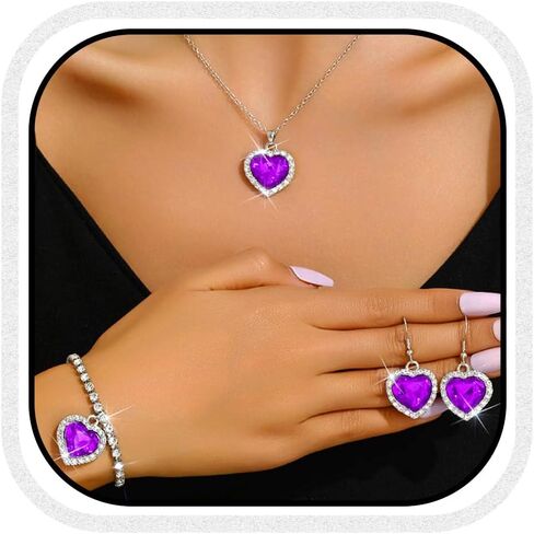UniCra Heart Silver Jewelry مجموعة رينستون قلادة الأقراط مجموعات سوار الحفلات الراقصة مجموعات مجوهرات الزفاف الزفاف الرسمية للنساء والعرائس in Kuwait