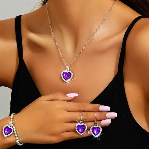 UniCra Heart Silver Jewelry مجموعة رينستون قلادة الأقراط مجموعات سوار الحفلات الراقصة مجموعات مجوهرات الزفاف الزفاف الرسمية للنساء والعرائس in Kuwait
