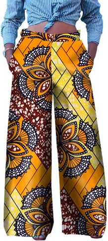 iooiooi Women's Fashion Casual Plus Size African Print Cotton Wide Leg Pants with Pockets in Saudi Arabia
