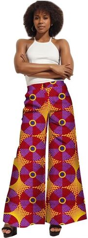 iooiooi Women's Fashion Casual Plus Size African Print Cotton Wide Leg Pants with Pockets in Kuwait