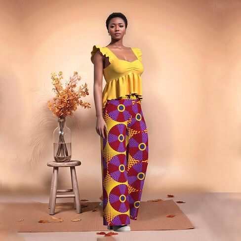 iooiooi Women's Fashion Casual Plus Size African Print Cotton Wide Leg Pants with Pockets in Kuwait