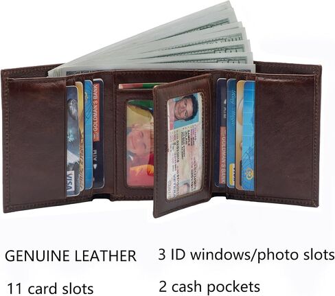 Mens Genuine Leather Wallet,Large Capacity Trifold Wallet for Men with 3 ID Window (BROWN) in Saudi Arabia