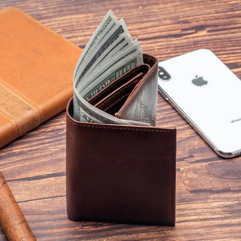 Mens Genuine Leather Wallet,Large Capacity Trifold Wallet for Men with 3 ID Window (BROWN) in Saudi Arabia