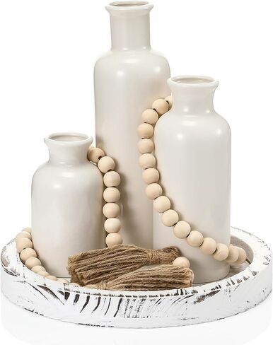 5 Pcs Rustic Country Table Top Center Decorations Set of 3 Boho White Ceramic Vases with Wooden Serving Tray Wood Bead Garland Tassels Table Centerpiece Holder for Home Decor Accessories in Kuwait