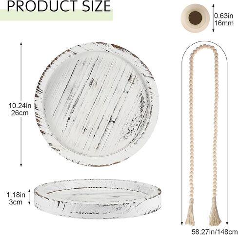 5 Pcs Rustic Country Table Top Center Decorations Set of 3 Boho White Ceramic Vases with Wooden Serving Tray Wood Bead Garland Tassels Table Centerpiece Holder for Home Decor Accessories in Kuwait