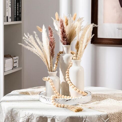 5 Pcs Rustic Country Table Top Center Decorations Set of 3 Boho White Ceramic Vases with Wooden Serving Tray Wood Bead Garland Tassels Table Centerpiece Holder for Home Decor Accessories in Kuwait