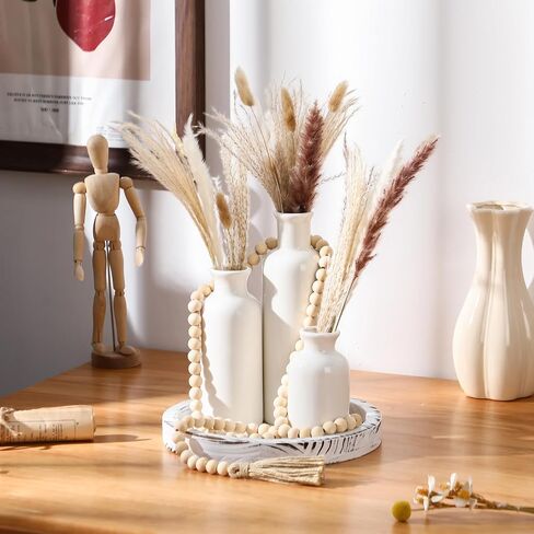 5 Pcs Rustic Country Table Top Center Decorations Set of 3 Boho White Ceramic Vases with Wooden Serving Tray Wood Bead Garland Tassels Table Centerpiece Holder for Home Decor Accessories in Kuwait