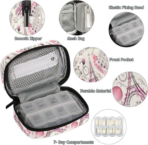 Pill Case Pill Travel Organizer 7 Day Weekly Medicine Pill Box Paris France Eiffel Tower Small Cute Compact Size Vitamin Container Pill Bottle Portable Birth Control Pill Holder Bag with Zipper in Kuwait
