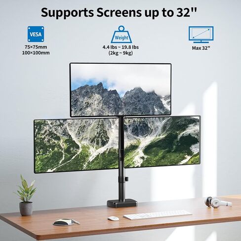 Triple Monitor Stand, Monitor Desk Mount for Three Screens up to 32 Inch, Stacked Monitor Arm for 3 Monitors Max 17.6lbs per Arm, Height Adjustable, Tilt, Swivel VESA Mount 75/100x100mm in Kuwait