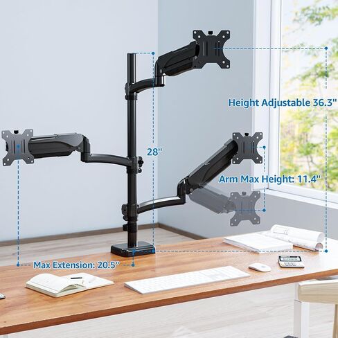 Triple Monitor Stand, Monitor Desk Mount for Three Screens up to 32 Inch, Stacked Monitor Arm for 3 Monitors Max 17.6lbs per Arm, Height Adjustable, Tilt, Swivel VESA Mount 75/100x100mm in Kuwait