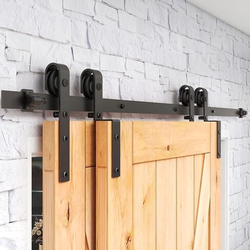 4-20FT Bypass Sliding Barn Door Hardware Kit Single Track System Carbon Steel Basic Roller Hanger Easy to Install Fit Bypass Double 45" Wide Doors Panels (8ft Single Track Bypass) in Kuwait