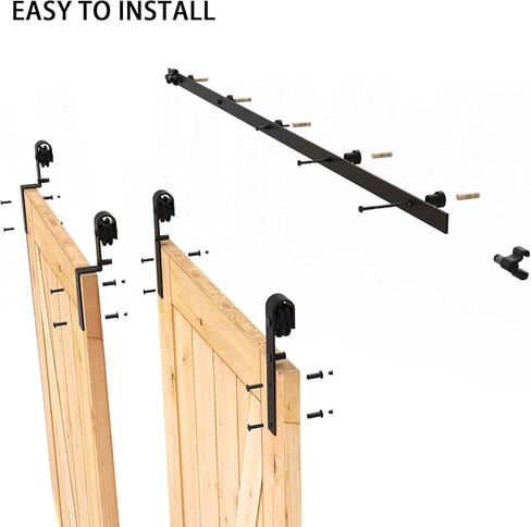 4-20FT Bypass Sliding Barn Door Hardware Kit Single Track System Carbon Steel Basic Roller Hanger Easy to Install Fit Bypass Double 45" Wide Doors Panels (8ft Single Track Bypass) in Kuwait