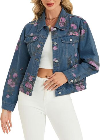 LifeShe Women's Jean Jacket Floral Button Up Cropped Denim Jackets Western Outfit With Pockets in Saudi Arabia