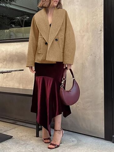 Yousify Womens Cropped Pea Coats Oversized Wool Blend Jackets Lapel Double Breasted Fall Winter Outerwear Outfits in Saudi Arabia