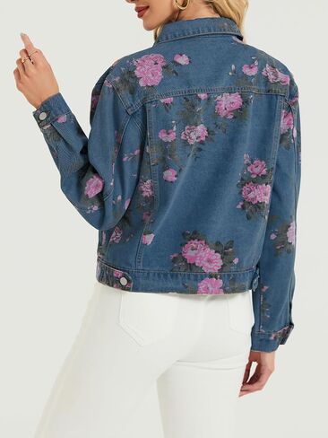 LifeShe Women's Jean Jacket Floral Button Up Cropped Denim Jackets Western Outfit With Pockets in Saudi Arabia