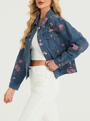 LifeShe Women's Jean Jacket Floral Button Up Cropped Denim Jackets Western Outfit With Pockets in Saudi Arabia