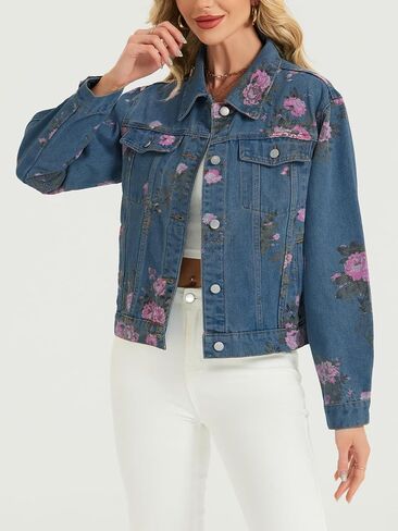 LifeShe Women's Jean Jacket Floral Button Up Cropped Denim Jackets Western Outfit With Pockets in Saudi Arabia