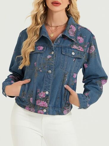 LifeShe Women's Jean Jacket Floral Button Up Cropped Denim Jackets Western Outfit With Pockets in Saudi Arabia