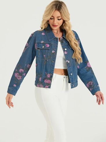 LifeShe Women's Jean Jacket Floral Button Up Cropped Denim Jackets Western Outfit With Pockets in Saudi Arabia